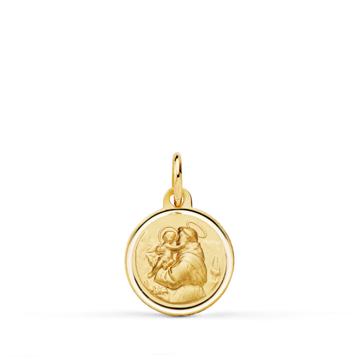 Medalla redonda de San Antonio de Padua con el Niño Jesús, fabricada en oro amarillo de 18 quilates de 12 mm con bisel pulido brillante.