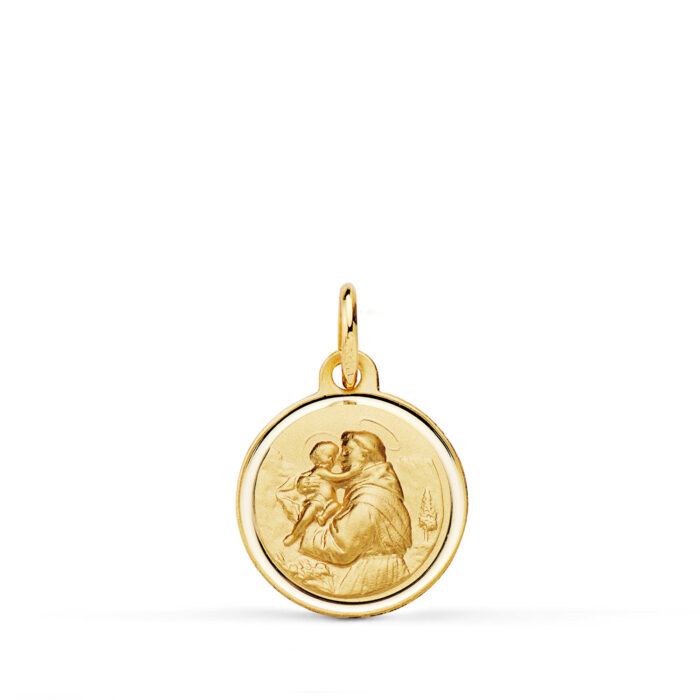Medalla religiosa de San Antonio de Padua con el Niño Jesús en oro amarillo de 18 quilates, 14 mm de diámetro con borde biselado brillante.