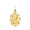 Medalla ovalada de la Virgen Niña en oro amarillo de 18 quilates (23 x 15 mm) con borde exterior tallado brillante y centro con relieve matizado.