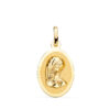 Medalla ovalada de la Virgen Niña fabricada en oro amarillo de 18 quilates de 19 x 12 mm con acabado liso y pulido brillante.