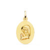 Medalla de la Virgen Niña en oro amarillo de 18 quilates, forma ovalada de 23 x 15 mm con centro matizado y borde liso brillante.