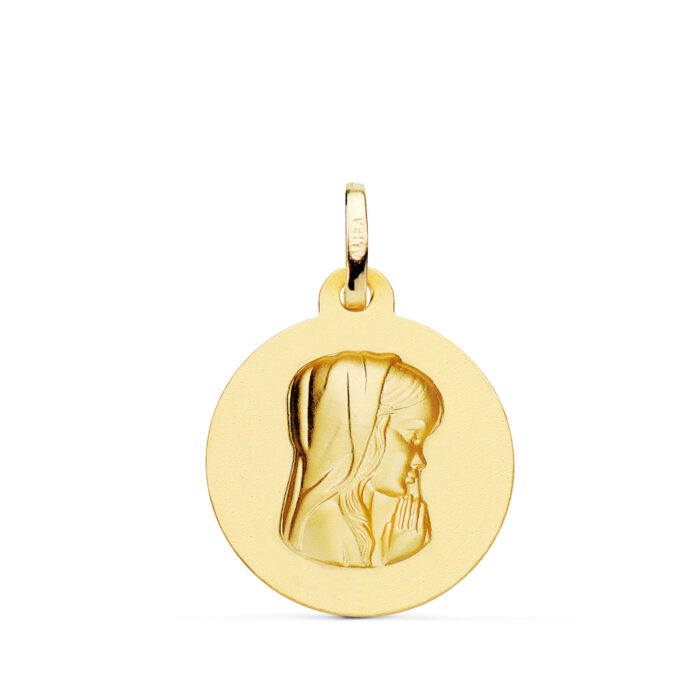 Medalla grande de 20 mm de la Virgen Niña en oro amarillo de 18 quilates, diseño redondo con borde pulido y centro matizado.