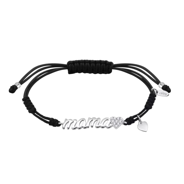 Pulsera para madre Lotus Silver LP1808-2/1 con cordón negro ajustable de macramé, palabra mama en plata de ley 925, corazón pavonado de circonitas y dije de corazón liso.