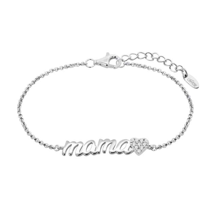 Pulsera para madre de la colección Lotus Silver LP1808-2/5 en plata de ley 925 con la palabra mama en cursiva y un corazón pavonado con circonitas blancas brillantes.