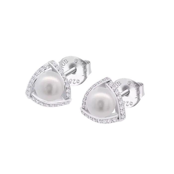 Pendientes de botón Lotus Silver Pearls LP1928-4/1 para mujer en plata de ley con forma triangular, circonitas brillantes y perlas blancas en perspectiva.