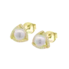 Pendientes de botón Lotus Silver Pearls LP1928-4/3 para mujer en plata de ley chapada en oro amarillo, con forma triangular, circonitas brillantes y perlas blancas sobre fondo blanco.