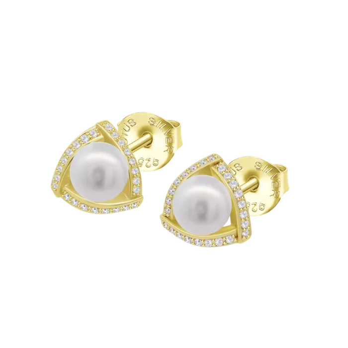Pendientes de botón Lotus Silver Pearls LP1928-4/3 para mujer en plata de ley chapada en oro amarillo, con forma triangular, circonitas brillantes y perlas blancas sobre fondo blanco.