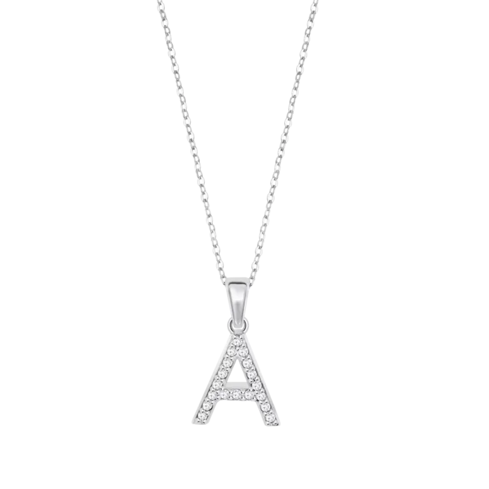 Collar de cadena fina en plata de ley 925 con colgante de inicial letra A con circonitas blancas brillantes Lotus Silver LP1958-1-A