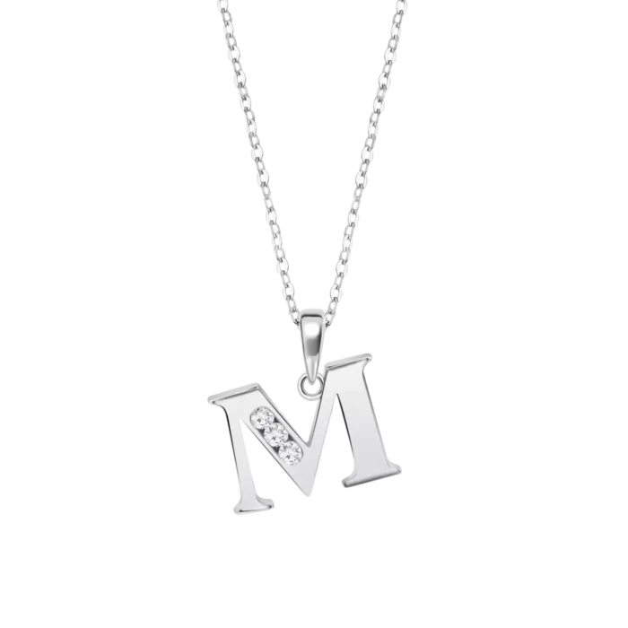 Collar de cadena fina en plata de ley 925 con colgante de inicial letra M lisa y tres circonitas blancas en diagonal Lotus Silver LP3054-1-M
