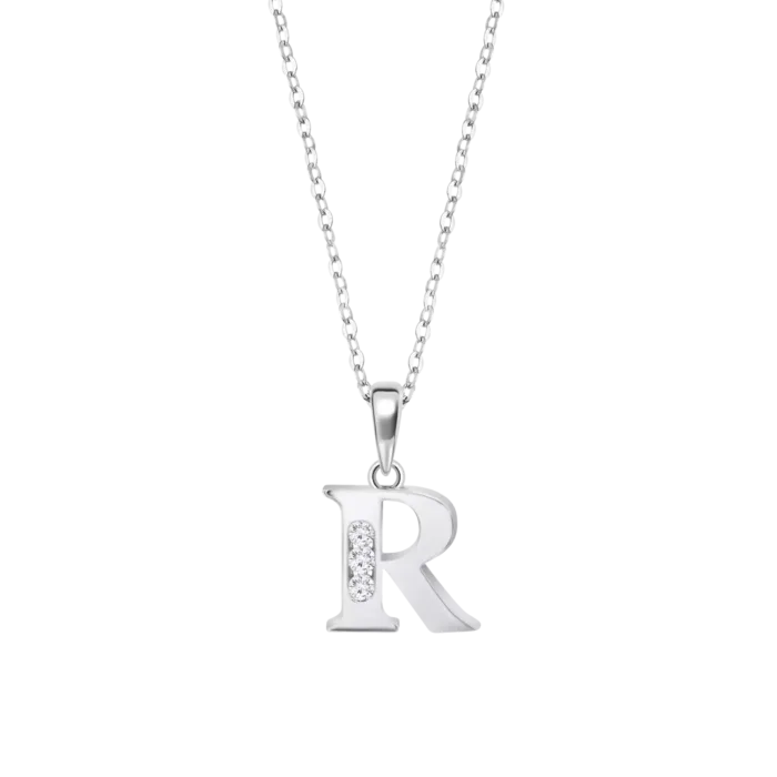 Collar con inicial letra R de plata de ley 925 con tres circonitas blancas engastadas en el eje vertical de la colección Lotus Silver Trendy LP3054-1/R para mujer.