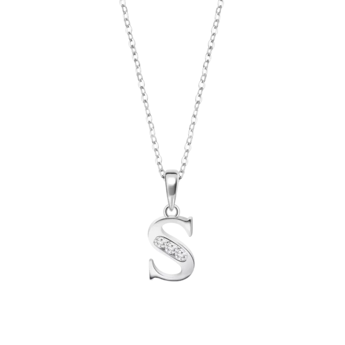 Collar con inicial letra S de plata de ley 925 con tres circonitas blancas brillantes engastadas en diagonal, de la colección Lotus Silver Trendy LP3054-1/S para mujer.