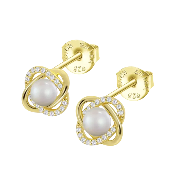Pendientes Lotus Silver Pearls LP3094-4/2 de plata de ley chapada en oro amarillo para mujer, con silueta de flor calada, perla central y circonitas en perspectiva.