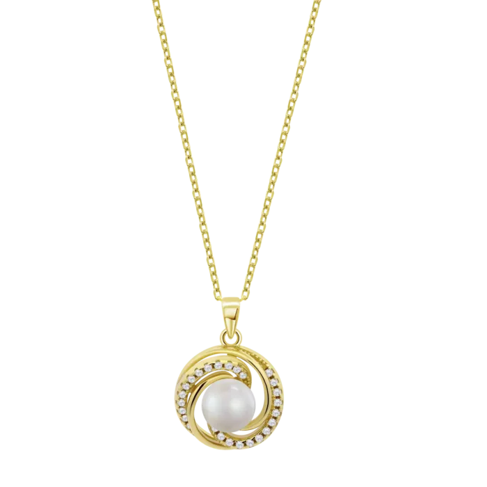 Collar completo Lotus Silver Pearls LP3095-1/2 de plata de ley chapada en oro amarillo con cadena fina y colgante redondo en forma de espiral con circonitas y perla central, referenciado en el archivo lp3095-1_2.webp.