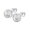 Pendientes Lotus Silver Pearls LP3095-4/1 de plata de ley para mujer en perspectiva, con diseño redondo en espiral, circonitas y perla central.