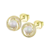 Pendientes Lotus Silver Pearls LP3095-4/2 de plata de ley chapada en oro amarillo para mujer, con forma redonda en espiral, circonitas y perla central en perspectiva.