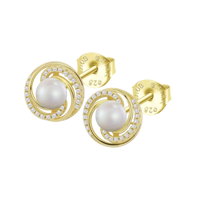 Pendientes Lotus Silver Pearls LP3095-4/2 de plata de ley chapada en oro amarillo para mujer, con forma redonda en espiral, circonitas y perla central en perspectiva.