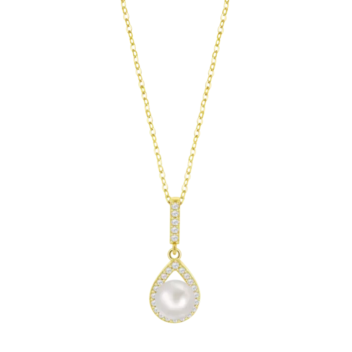 Collar de plata dorada Lotus Silver Pearls LP3198-1/2 con cadena fina y colgante en forma de lágrima con perla y circonitas.