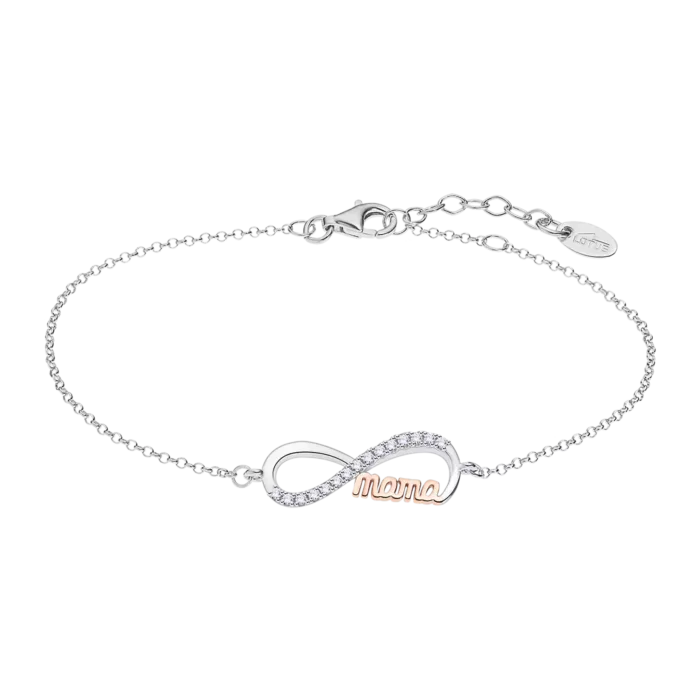 Pulsera para madre de la colección Lotus Silver LP3213-2/1 en plata de ley 925 con el símbolo del infinito con circonitas y la palabra mama en oro rosa.
