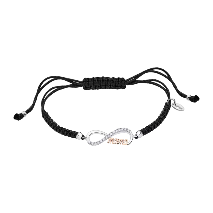 Pulsera para madre de la colección Lotus Silver LP3213-2/2 con cordón negro ajustable de macramé y motivo central del infinito con circonitas y la palabra mama en oro rosa.