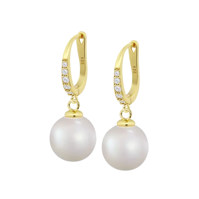 Pendientes colgantes Lotus Silver Pearls LP3318-4/2 de plata dorada con perla esférica blanca y barra con cuatro circonitas brillantes.