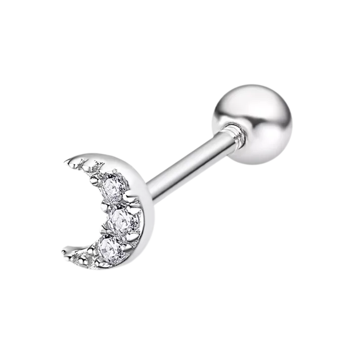 Piercing de oreja de plata de ley 925 con forma de media luna con circonitas brillantes engastadas y cierre de rosca trasero Lotus Silver LP3371-9/1.