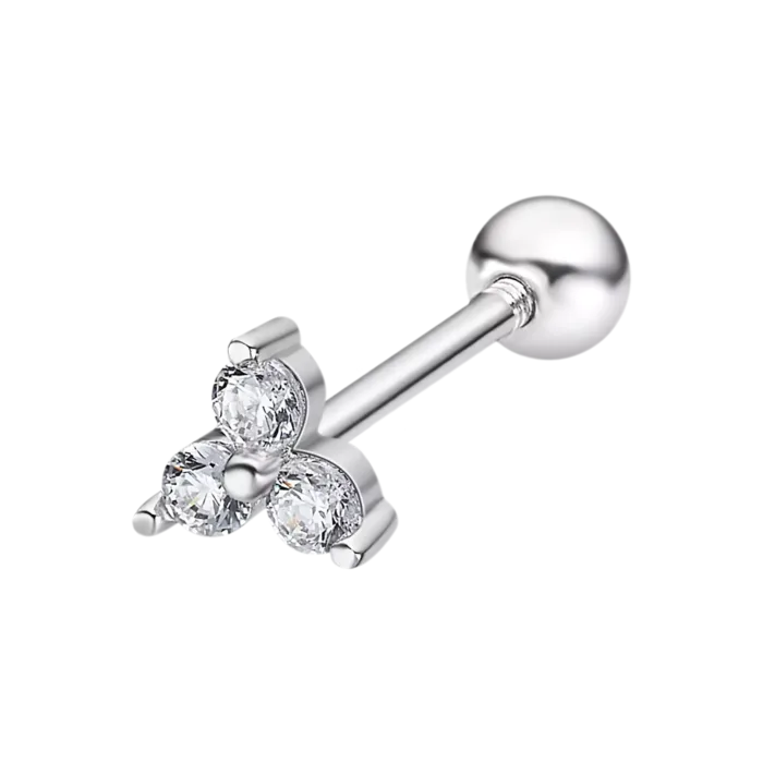 Piercing de oreja con diseño de trío de circonitas brillantes en forma de trébol y base de plata de ley 925 Lotus Silver LP3372-9/1 sobre fondo blanco