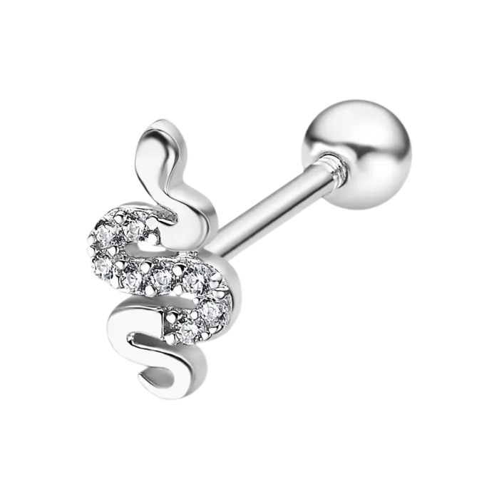 Piercing de oreja con forma de serpiente sinuosa que combina plata de ley 925 pulida y circonitas brillantes Lotus Silver LP3375-9/1 sobre fondo blanco