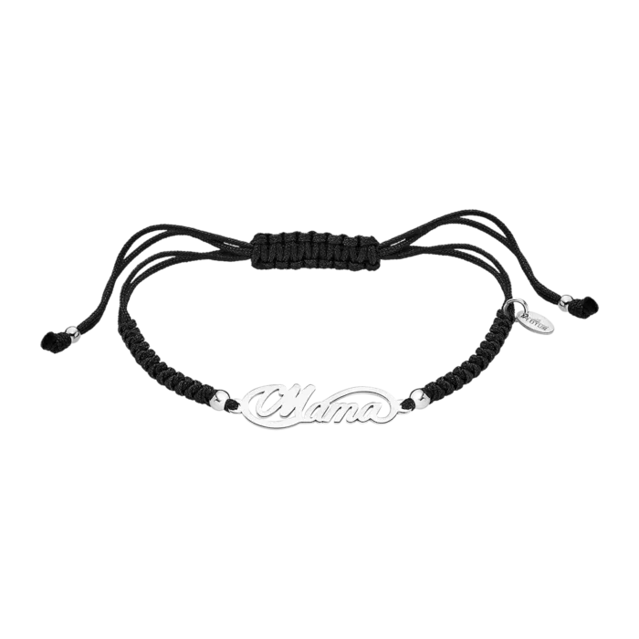 Pulsera para madre Lotus Silver LP3402-2/2 con cordón negro ajustable de macramé y placa central calada en plata de ley 925 con la palabra mama en cursiva fluida.