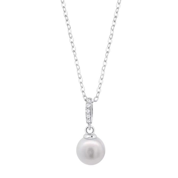 Collar completo Lotus Silver Pearls LP3478-1/1 para mujer con cadena de plata de ley y un colgante vertical de perla blanca con asa de circonitas.