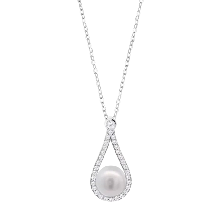 Collar Lotus Silver Pearls LP3481-1/1 de plata de ley para mujer con colgante en forma de lágrima, circonitas pavonadas y perla blanca central sobre fondo blanco.