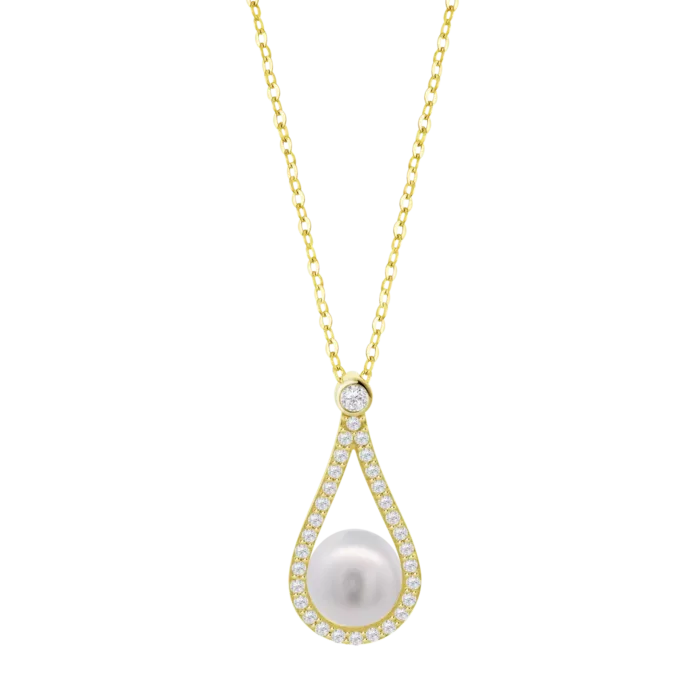 Collar completo Lotus Silver Pearls LP3481-1/2 de plata dorada para mujer con cadena fina y colgante de lágrima con perla y circonitas sobre fondo blanco.