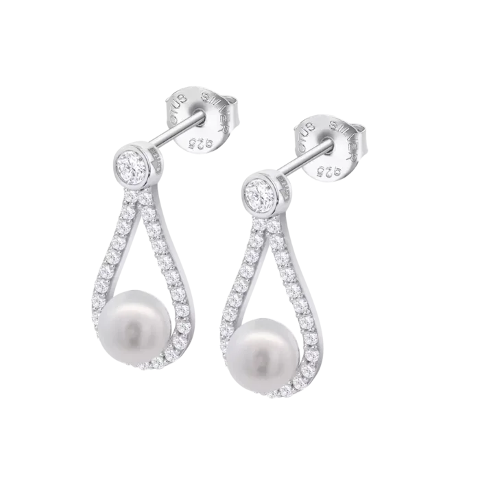 Pendientes Lotus Silver Pearls LP3481-4/1 de plata de ley para mujer en perspectiva, con forma de lágrima, circonitas brillantes y perla blanca.