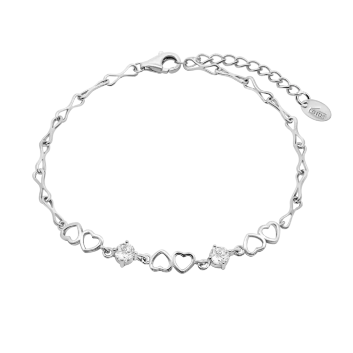 Pulsera de plata de ley 925 con diseño de corazones calados y dos circonitas blancas redondas Lotus Silver LP3678-2-1