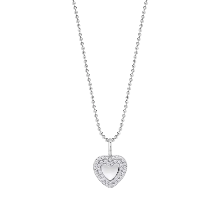 Collar de cadena de bolitas en plata de ley con colgante de corazon en relieve y doble cerco de circonitas brillantes Lotus Silver LP3877-1-1