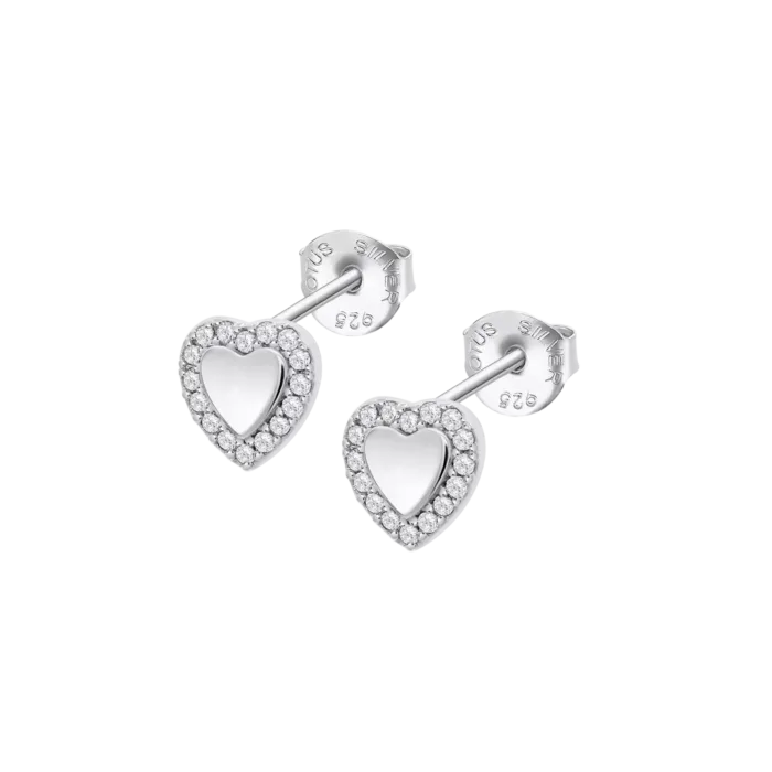 Pendientes de plata de ley 925 tipo boton con forma de corazon en relieve y orla de circonitas blancas Lotus Silver LP3877-4-1