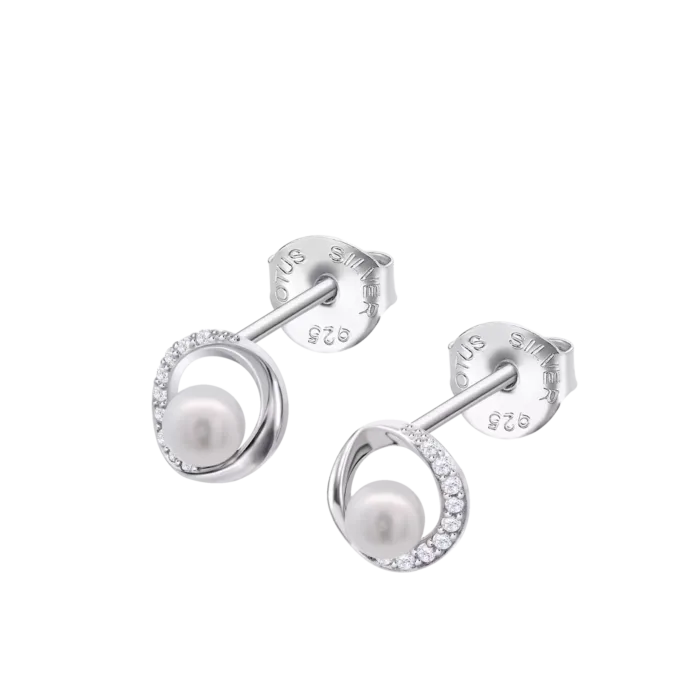 Pendientes Lotus Silver Pearls LP3898-4/1 para mujer en plata de ley 925 con silueta circular, detalle lateral de circonitas y una perla blanca central, referenciados en el archivo lp3898-4_1.webp.