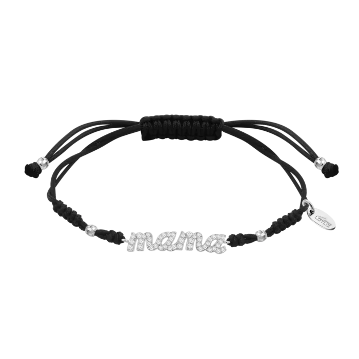 Pulsera de hilo negro ajustable con nudo corredizo y pieza central de plata con la palabra mamá en circonitas Lotus Silver LP3947-2/2.
