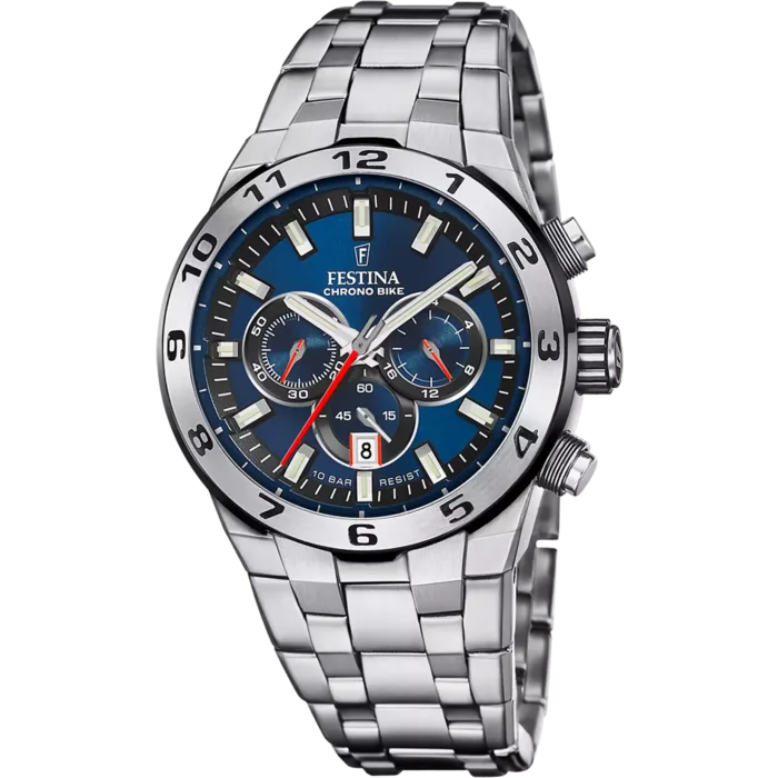 Reloj de hombre Festina Chrono Bike F20670/1 de acero inoxidable color plata con esfera azul y funciones de cronógrafo deportivo.