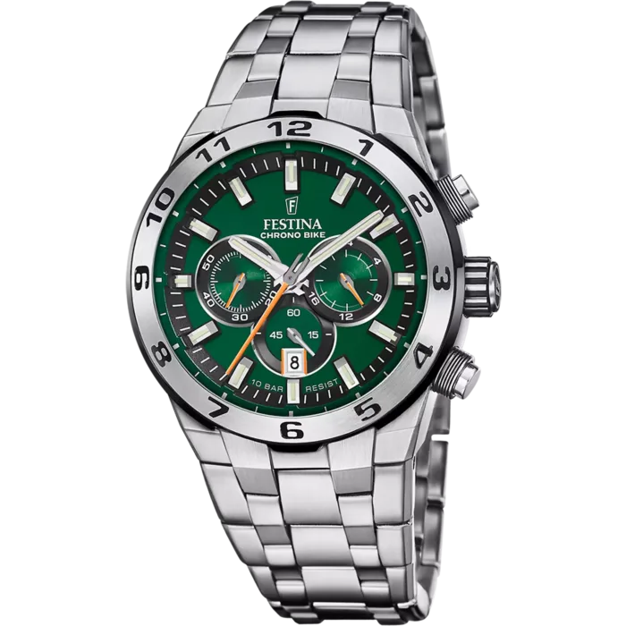 Reloj de hombre Festina Chrono Bike F20670/2 de acero inoxidable plateado con esfera color verde, detalles en naranja y funciones de cronógrafo deportivo.