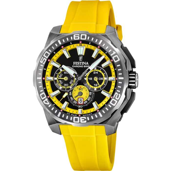 Reloj de hombre Festina Chrono Bike F20725/1 en plano frontal f20725_1 con esfera negra, detalles amarillos, caja de acero y correa deportiva de caucho amarillo.