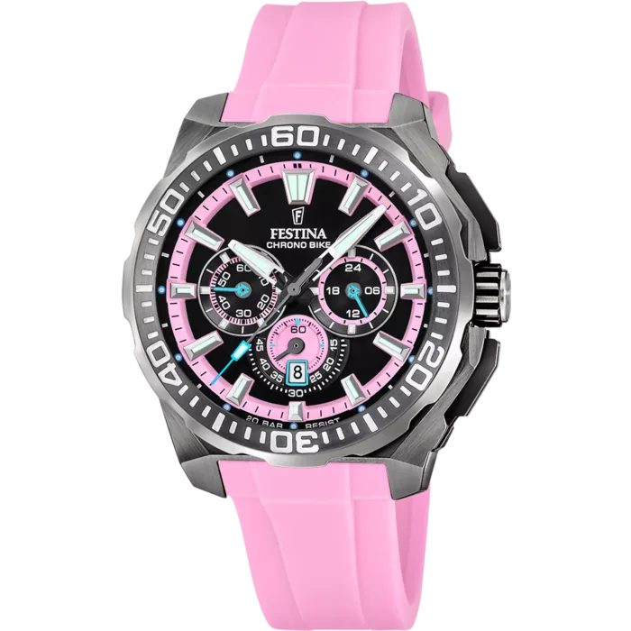 Reloj cronógrafo para hombre Festina Chrono Bike F20725 de perfil frontal, con esfera negra, detalles internos en rosa y correa de caucho color rosa vibrante.