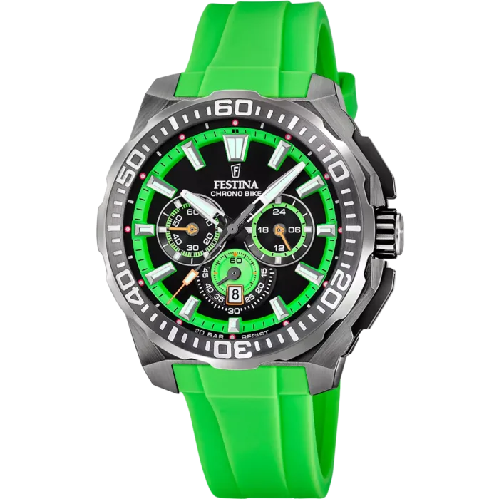 Reloj cronógrafo para hombre Festina Chrono Bike F20725/3 en el archivo f20725_3.webp, mostrando su esfera negra con acabados verdes y su correa de caucho verde vibrante.