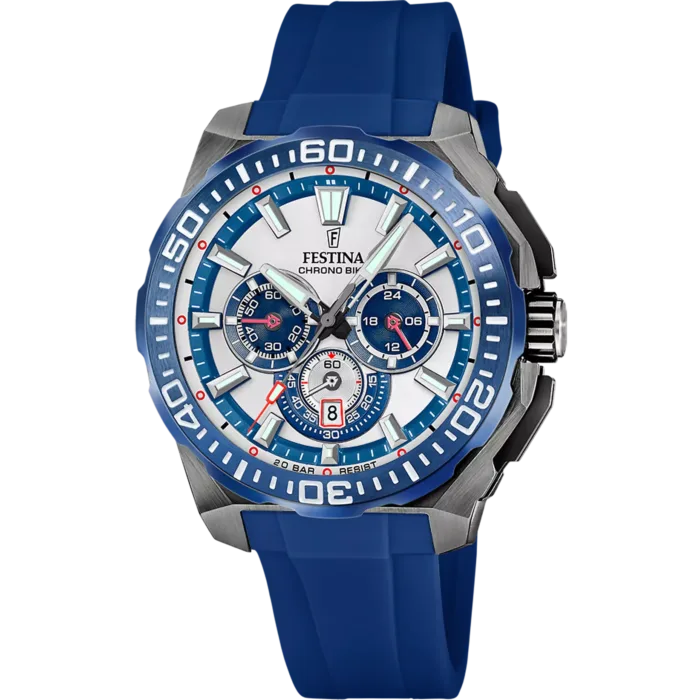 Reloj cronógrafo para hombre Festina Chrono Bike F20725/4 de vista frontal, con dial plateado, bisel texturizado azul y correa de caucho color azul marino.