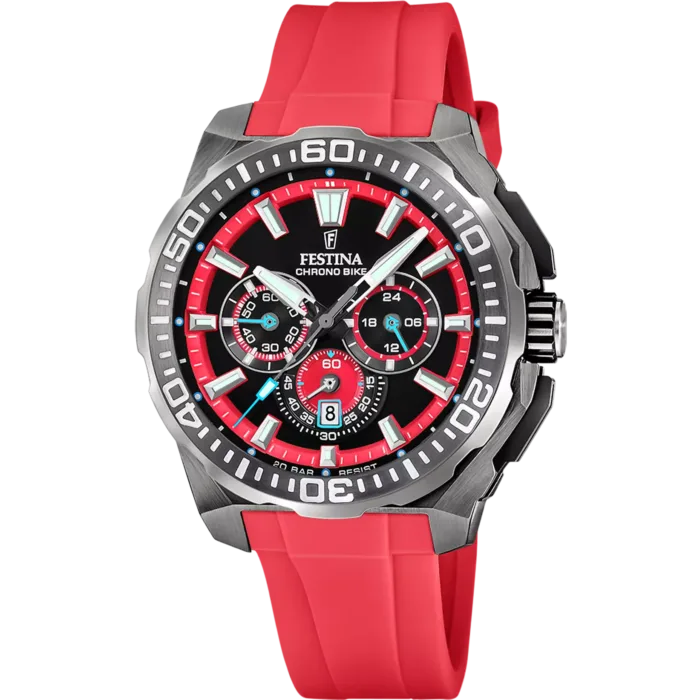 Reloj cronógrafo para hombre Festina Chrono Bike F20725/5 en el archivo f20725_5.webp, mostrando su dial negro con detalles rojos y su llamativa correa de caucho rojo.