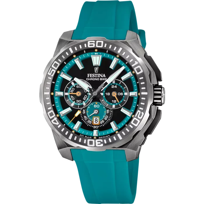 Reloj cronógrafo para hombre Festina Chrono Bike F20725/6 en el archivo d6acb015.webp, con esfera negra, detalles internos en cian y una llamativa correa de caucho azul turquesa.