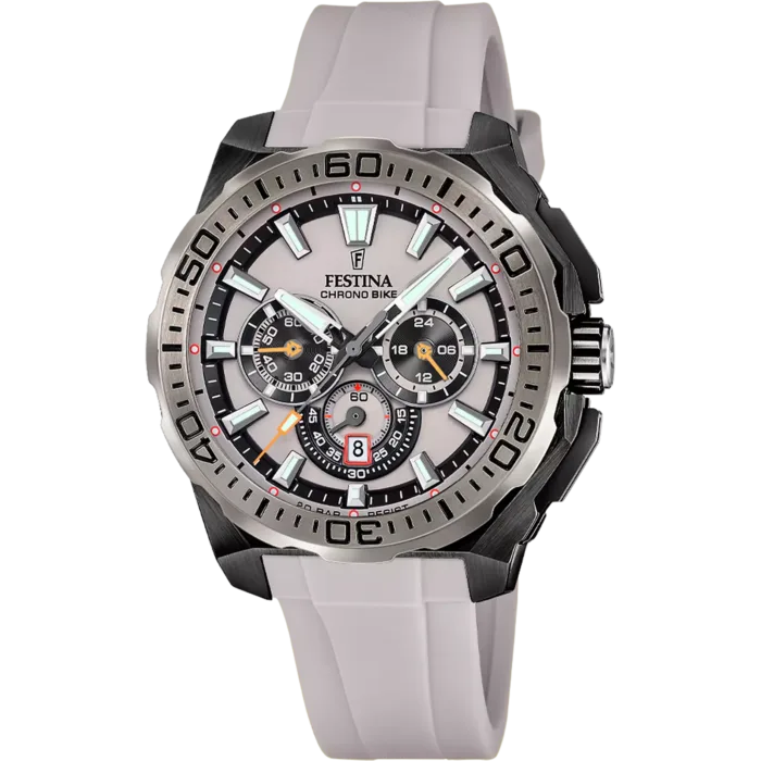 Reloj de hombre Festina Chrono Bike F20726/1 con correa de silicona gris y esfera plateada.