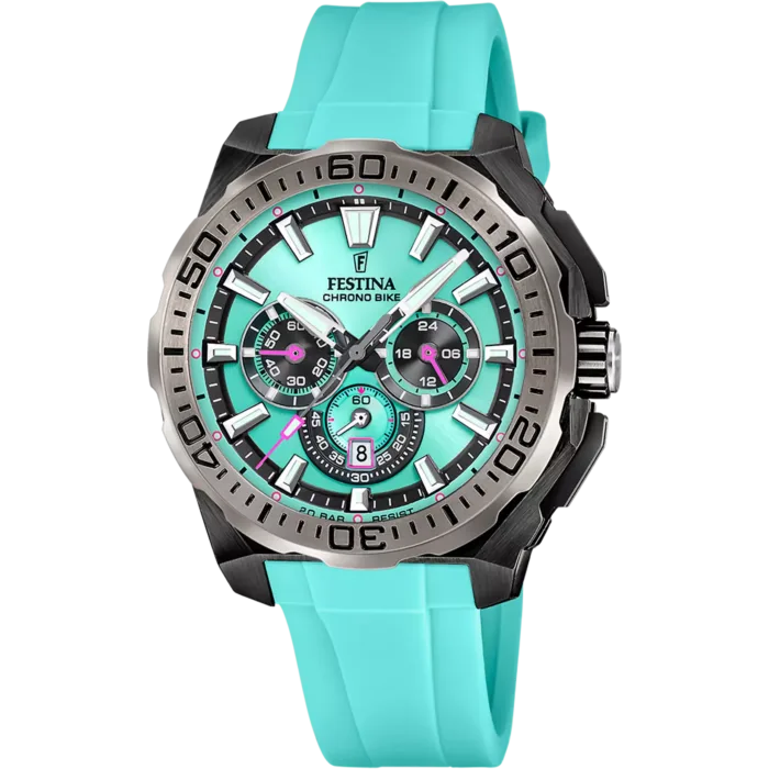 Reloj cronógrafo para hombre Festina Chrono Bike F20726/2 con esfera y correa de silicona en color turquesa y caja de acero inoxidable.