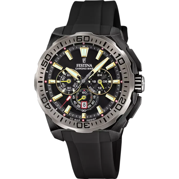 Reloj de hombre Festina Chrono Bike F20726/3 con esfera negra, detalles y manecillas en color dorado y correa de silicona negra.