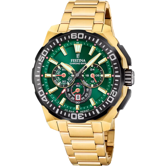 Reloj de hombre Festina Chrono Bike F20727/2 de acero inoxidable color dorado con esfera verde y cronógrafo deportivo.
