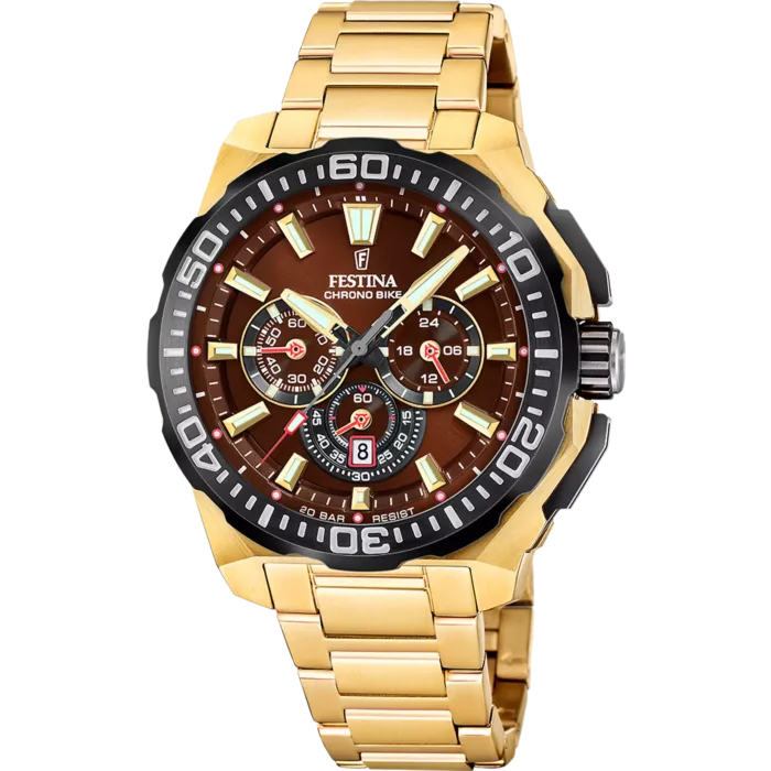 Reloj de hombre Festina Chrono Bike F20727/3 de acero inoxidable color dorado con esfera marrón y cronógrafo deportivo.